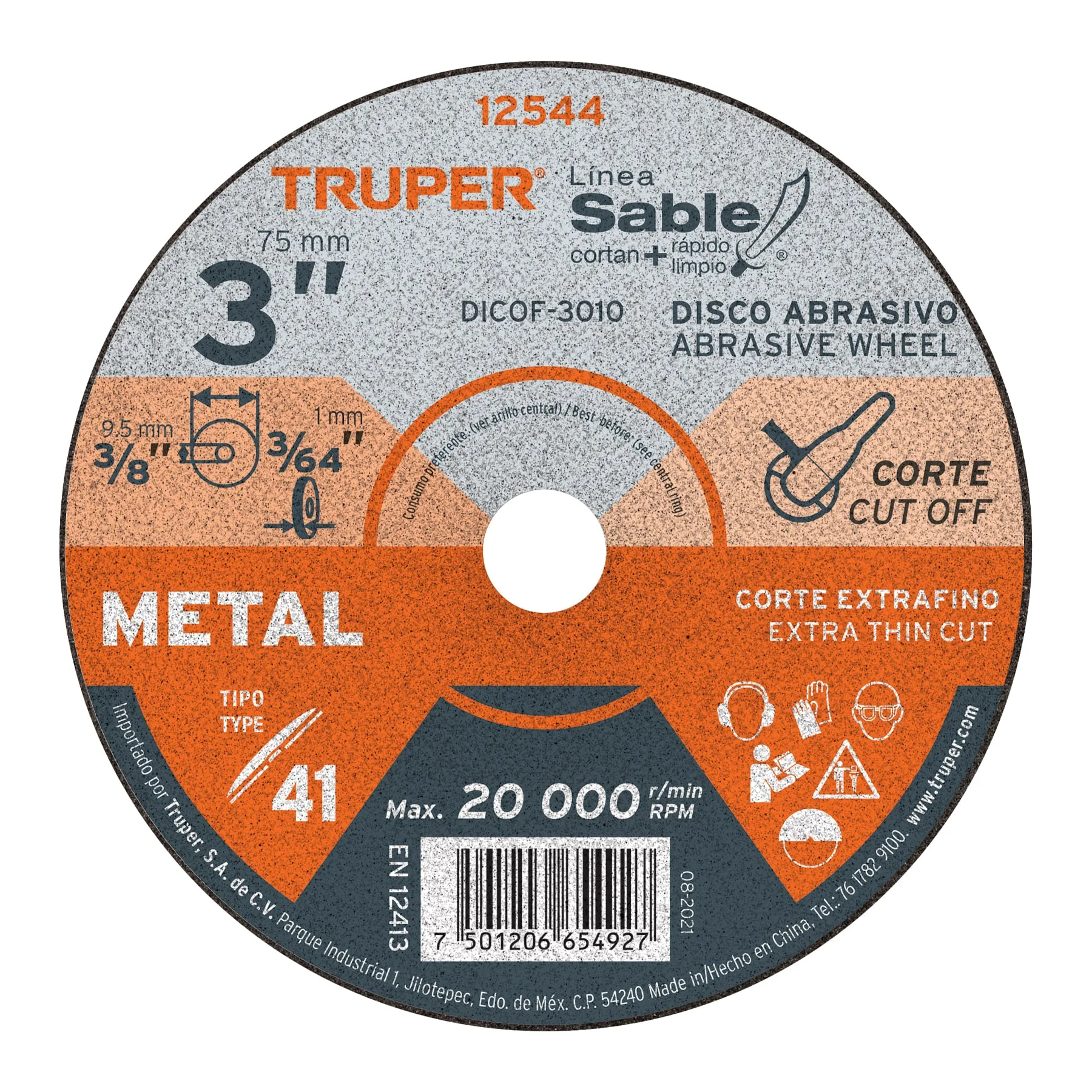 Disco de corte para metal 3" x 1 mm TRUPER 12544