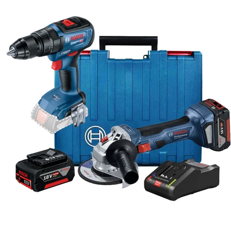 Combo Inalambrico Bosch 0615.A00.1US-000 18V: Amoladora 5" y Taladro Percutor 1/2" Brushless con 2 Baterias 4.0 Ah