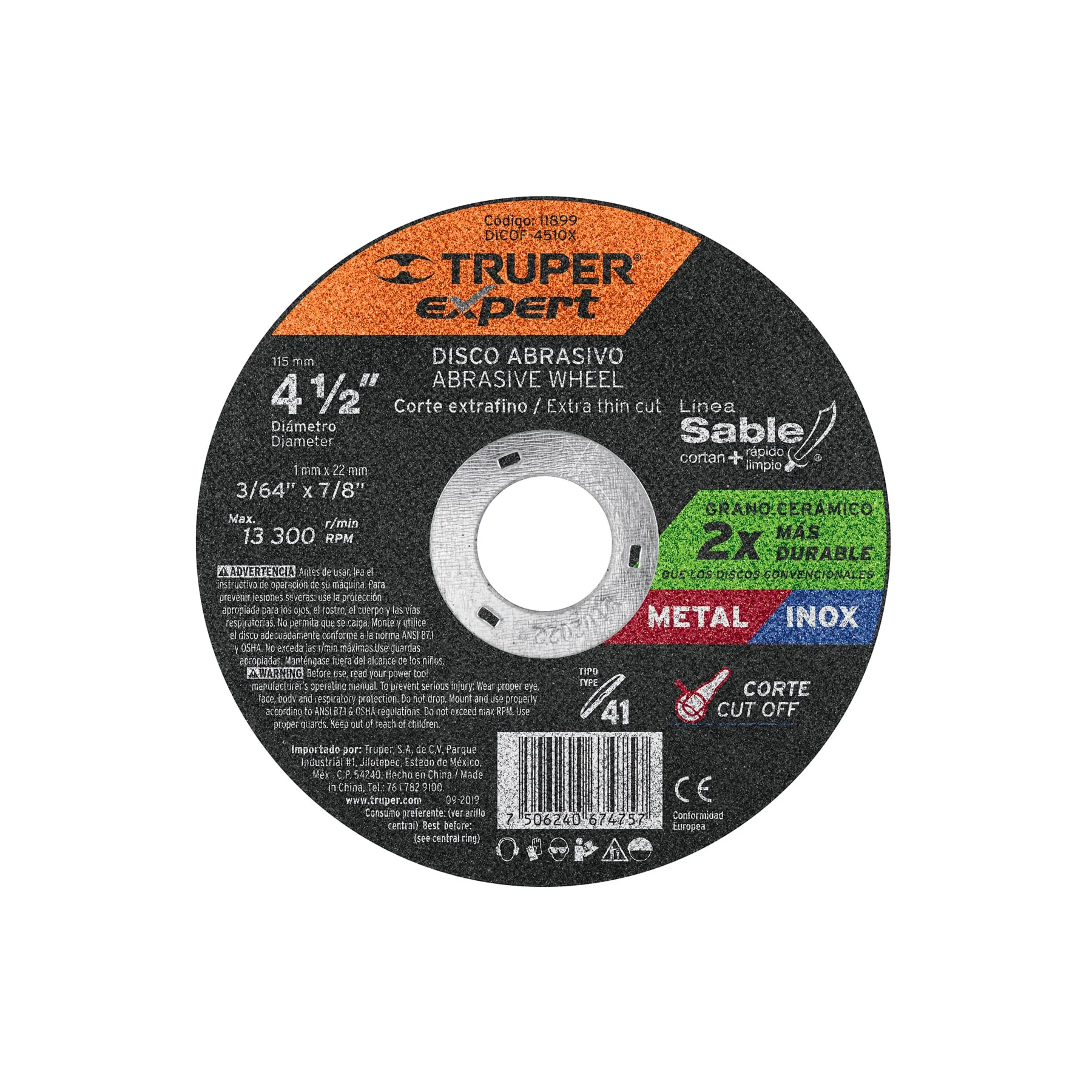 Disco de corte para metal 4-1/2" x 1 mm TRUPER Expert 11899