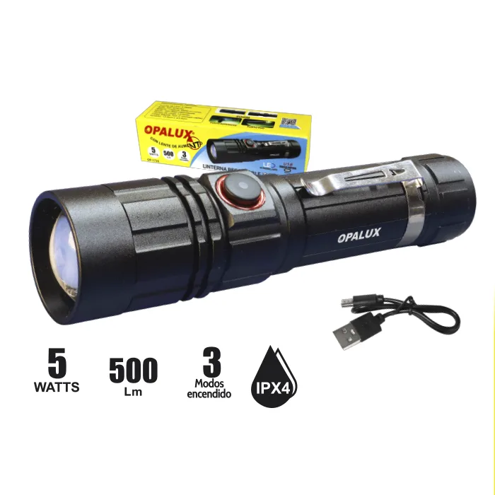 Linterna Táctica Recargable Opalux OP-1735 5W 500 lm con Zoom y Carga Tipo C