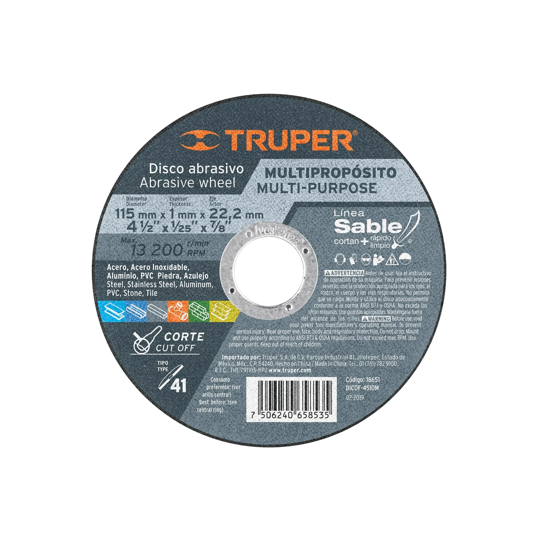Disco de corte multimaterial 4-1/2" x 1 mm TRUPER 18651