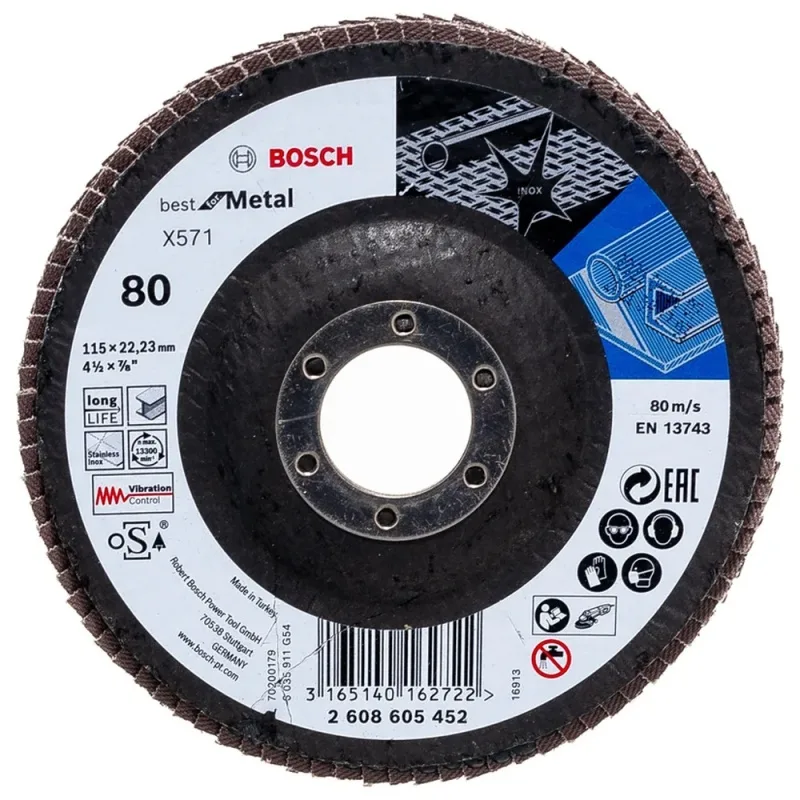 Disco Flap Bosch 2608.605.452-000 de 4 1/2" Grano 80 en Circonio para Acero Inoxidable