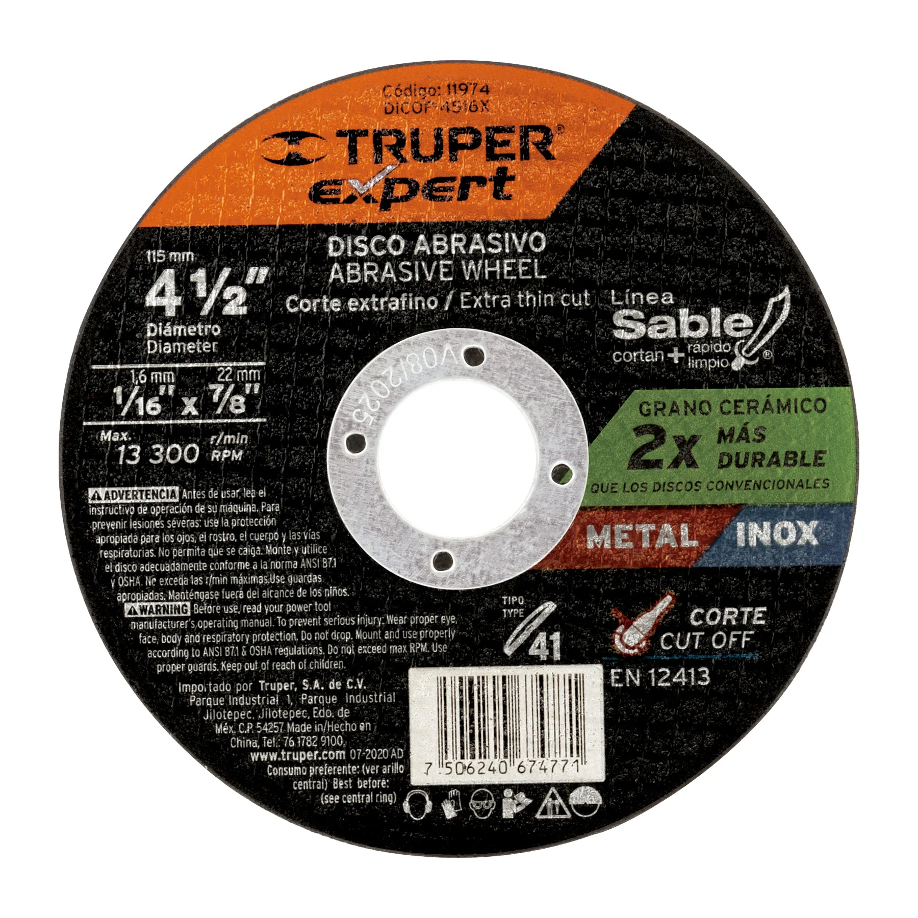Disco de corte para metal 4-1/2" x 1.6 mm TRUPER Expert 11974