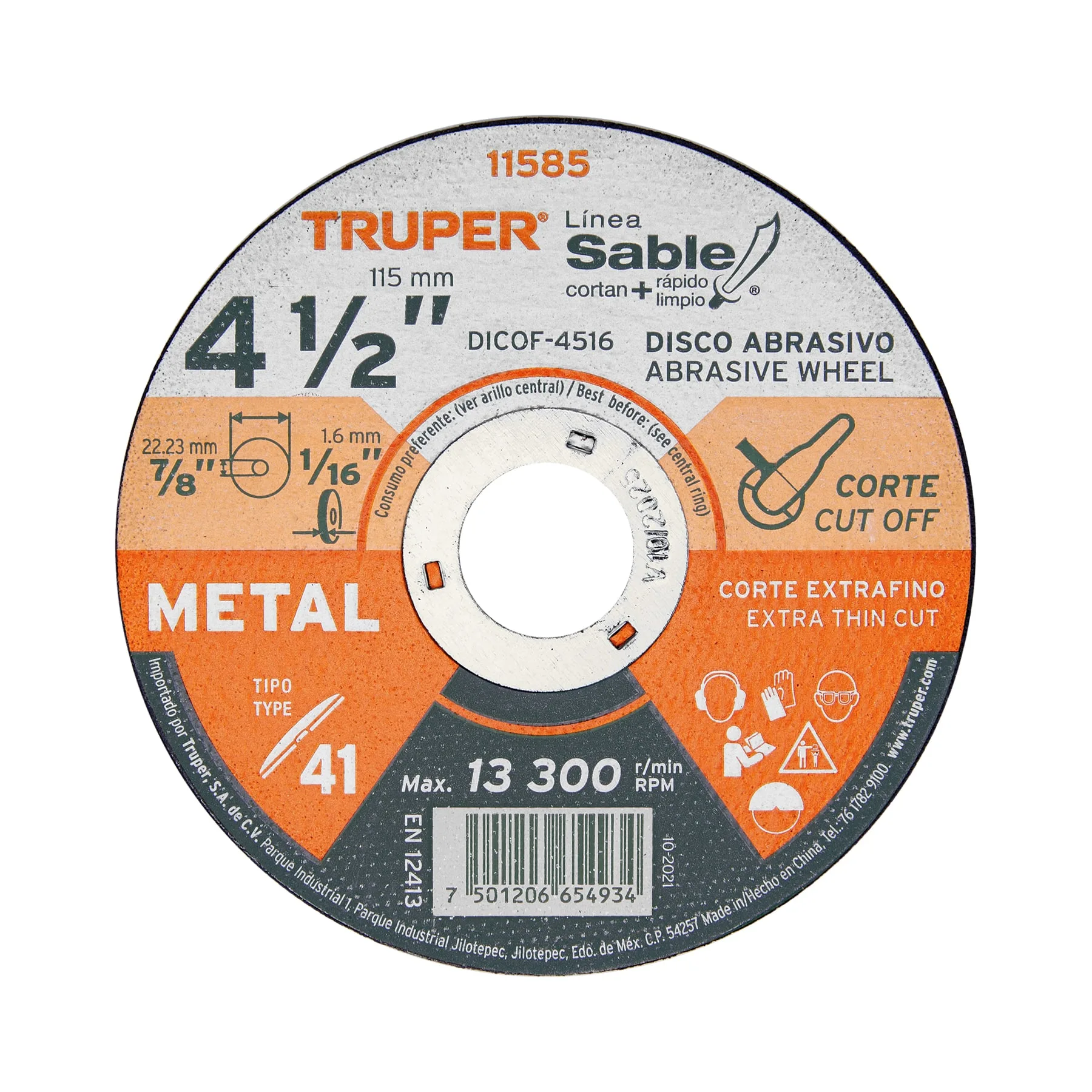 Disco de corte para metal 4-1/2" x 1.6 mm TRUPER 11585