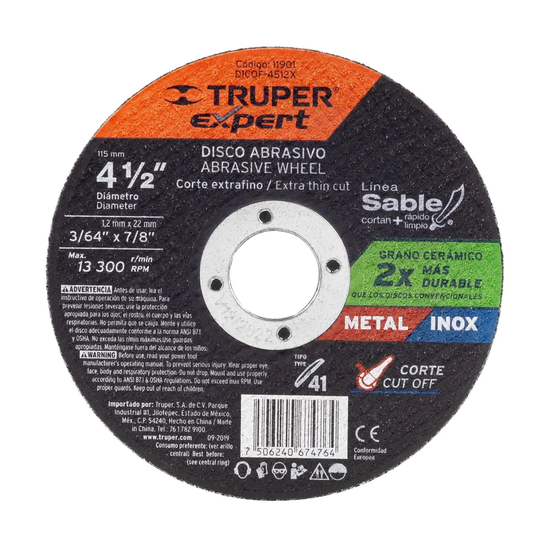 Disco de corte para metal 4-1/2" x 1.2 mm TRUPER Expert 11901