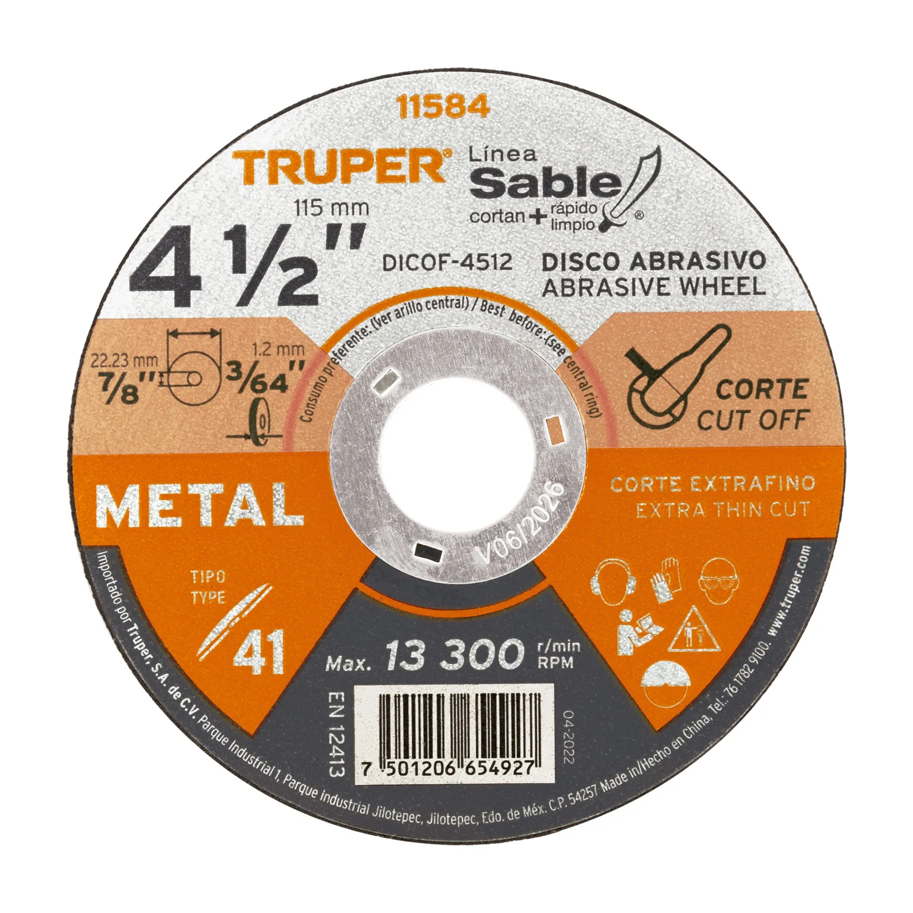 Disco de corte para metal 4-1/2" x 1.2 mm TRUPER 11584
