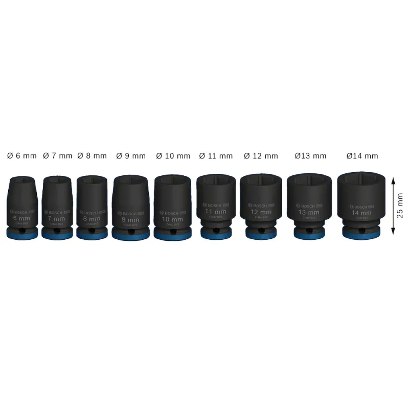 Juego de dados de impacto cortos Bosch 2608.003.034 encastre 1/4" — 9 piezas de 6 a 14 mm · foto 3