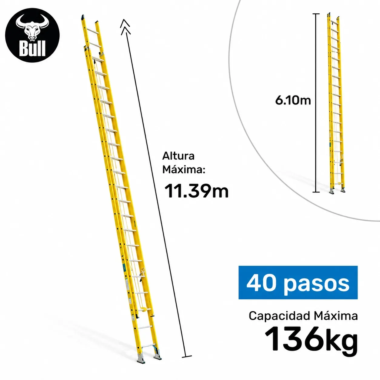 Escalera Fibra Tipo Telescopica 40 Pasos 136Kg 11.39M Ftt136-40Ia American Bull Ladder