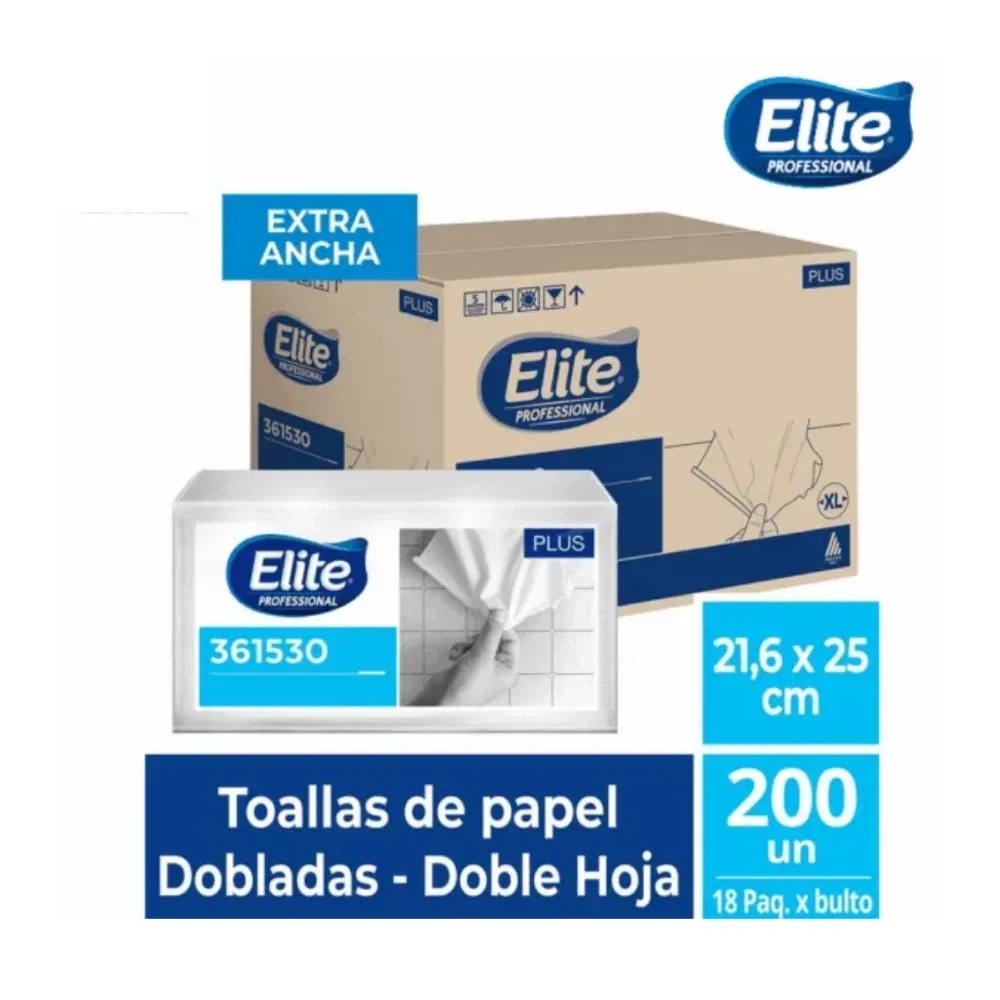 Élite Papel Toalla Interfoliado Plus XL 2H Blanco 200 Und x 18 Paquetes