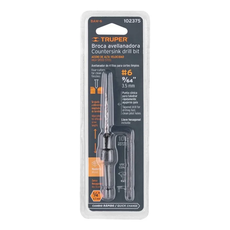 Broca Avellanadora HSS 1/4" Hex 3.5mm para Madera Truper 102375