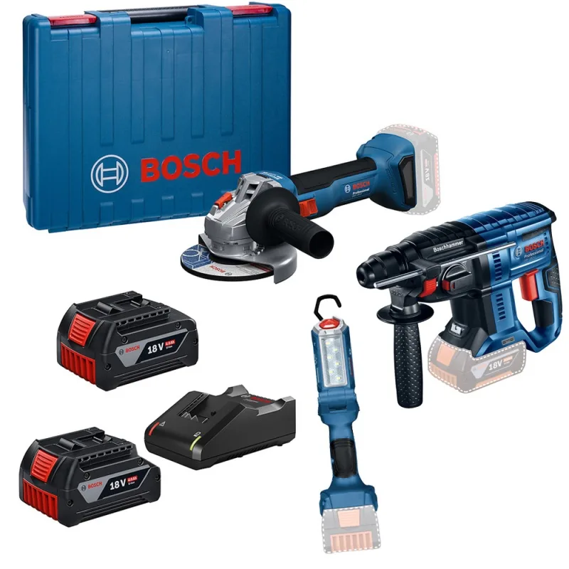 Combo Inalámbrico Bosch 18V Brushless: Amoladora 5" + Rotomartillo SDS-Plus + Linterna LED con 2 Baterías