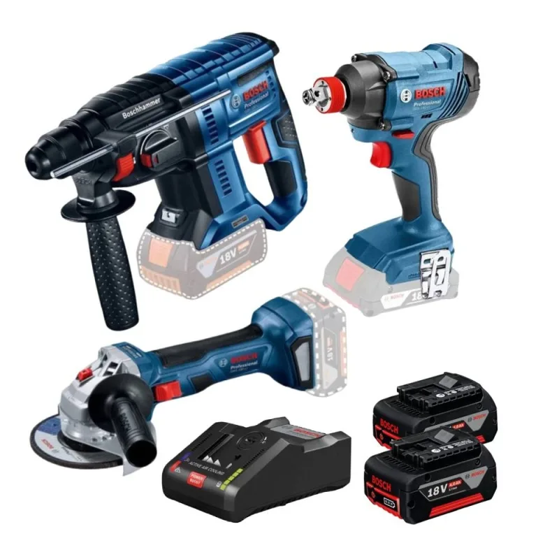 Combo Inalambrico Bosch 18V de 3 Herramientas: Amoladora GWS 180-LI, Rotomartillo GBH 180-LI y Llave de Impacto GDX 180-LI