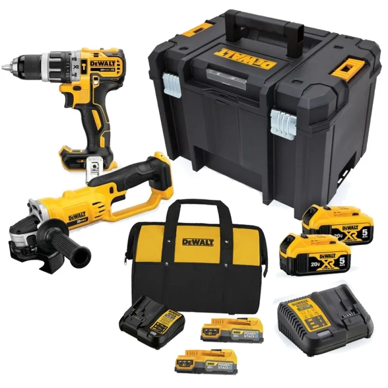 Combo Inalámbrico DeWalt DCK209P2T-K5 20V: Taladro Percutor, Amoladora 4 1/2", 4 Baterías y Bolso