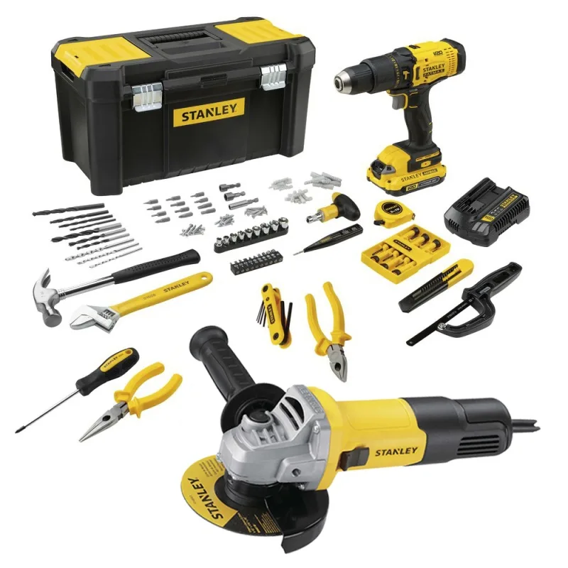 Combo Taladro Percutor y Amoladora Stanley SCD711C1H-K2 20V + 4 1/2" con 119 Accesorios