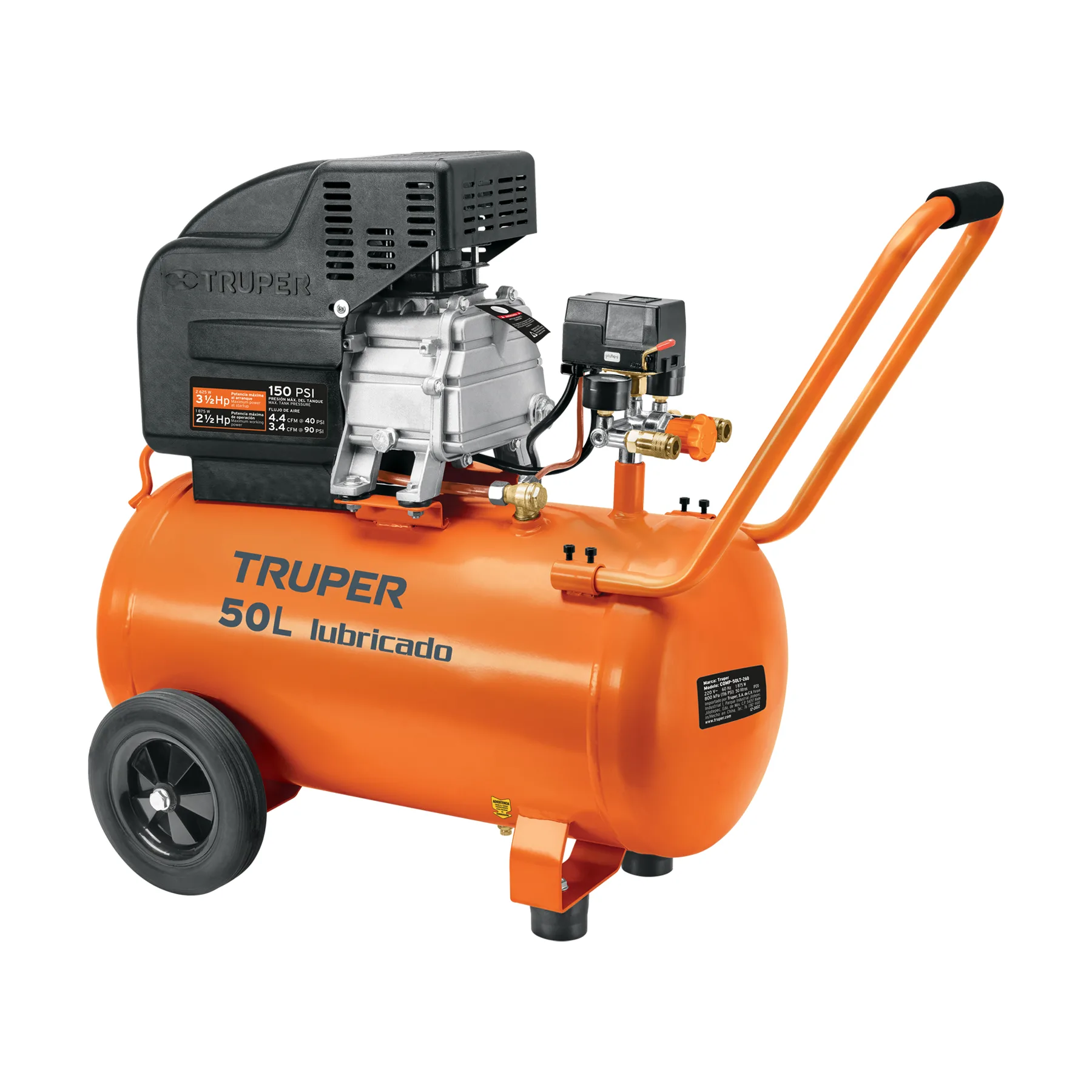 Compresor lubricado de aire, 50 L, horizontal, 220 V/60 Hz, TRUPER