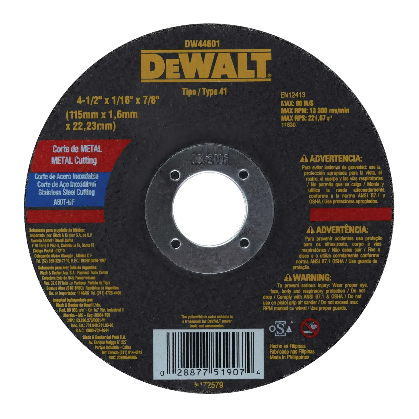 Disco Corte Metal 4-1/2″ × 1/16″, DeWalt DW44601