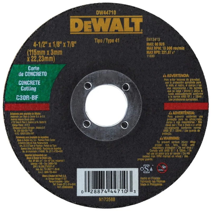 Disco de corte abrasivo DEWALT DW44710 4-1/2" x 3 mm para concreto