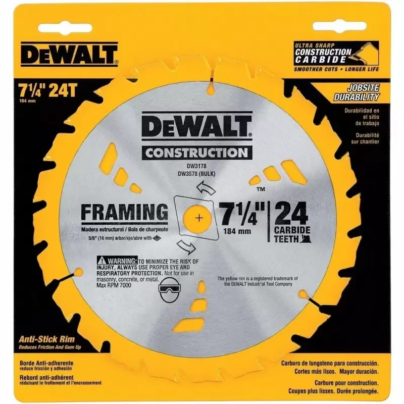 Disco de sierra circular DeWalt DW3178 7-1/4" 24 dientes de carburo para corte rapido en madera