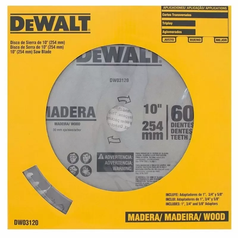 Disco de sierra DeWalt DWA03120 10" de 60 dientes de carburo para madera