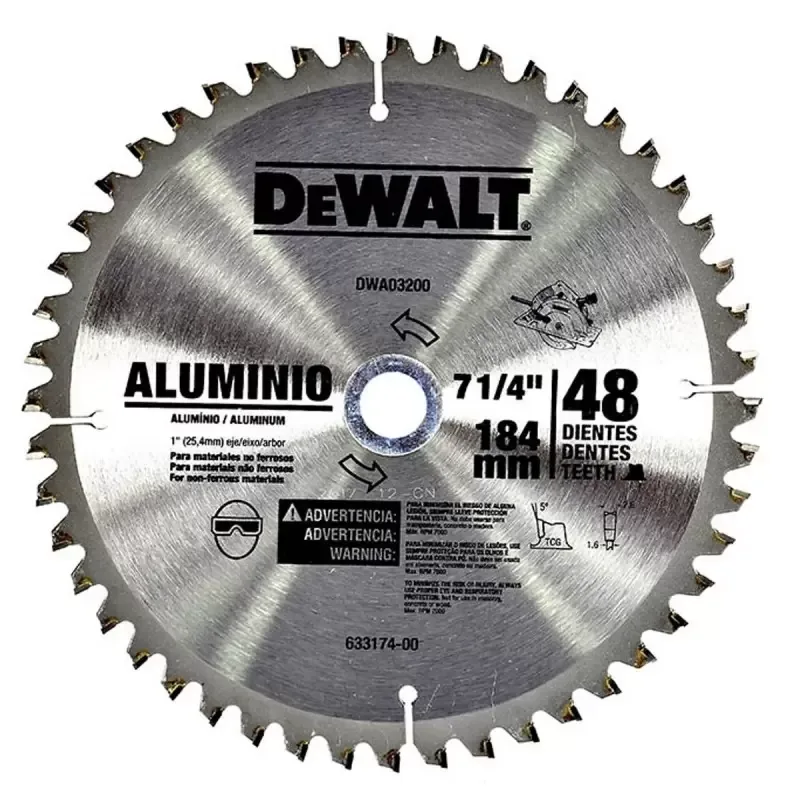 Disco de Sierra DeWalt DWA03200 7 1/4" 48 Dientes Eje 5/8" para Aluminio y Melamina