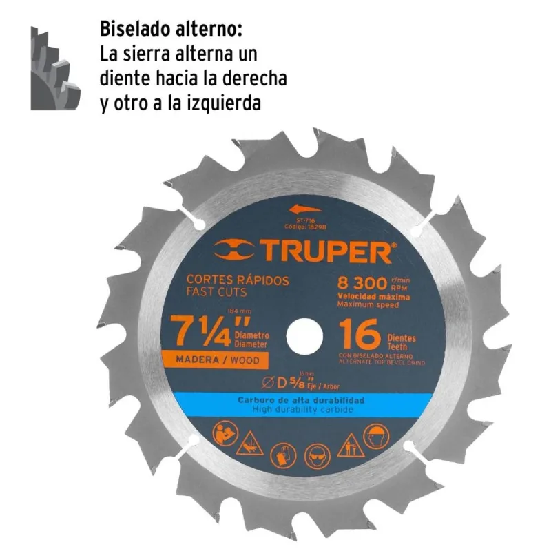 Disco de Sierra Truper 18298 7 1/4" 16 Dientes para Madera · foto 2