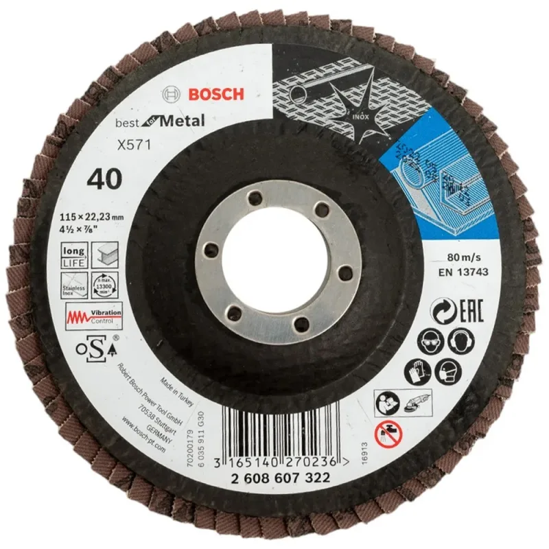 Disco Flap Bosch 4-1/2 Pulgadas Grano 40 para Metal y Acero Inoxidable