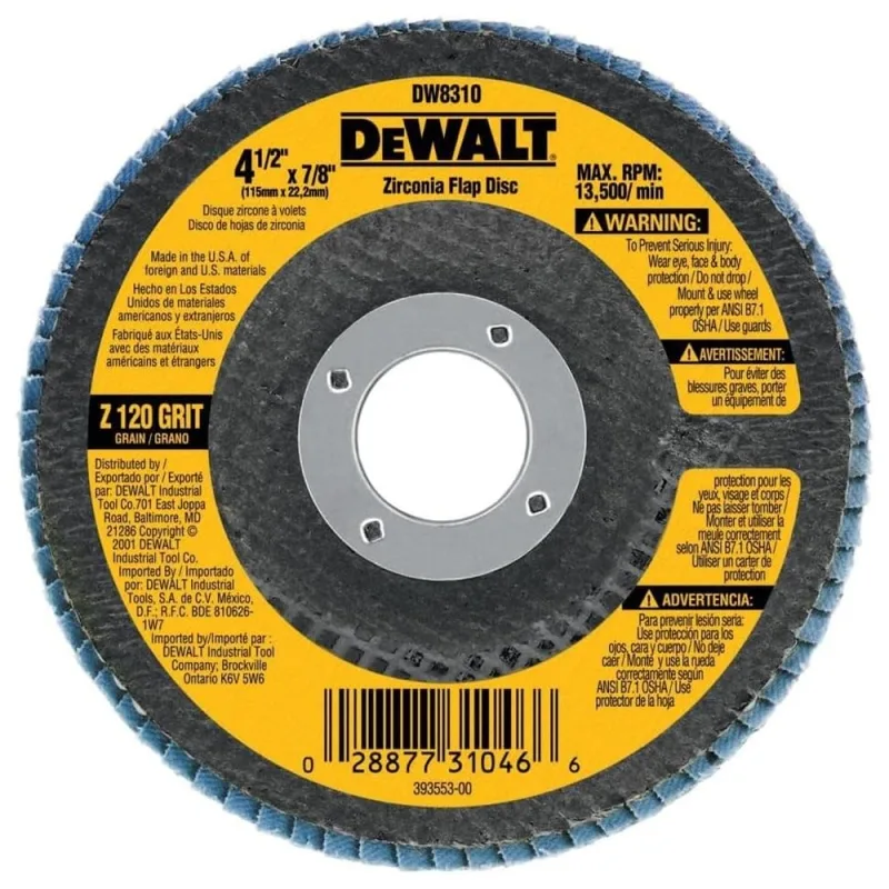 Disco flap de zirconio DEWALT DW8310 de 4 1/2" grano 120 para acero inoxidable