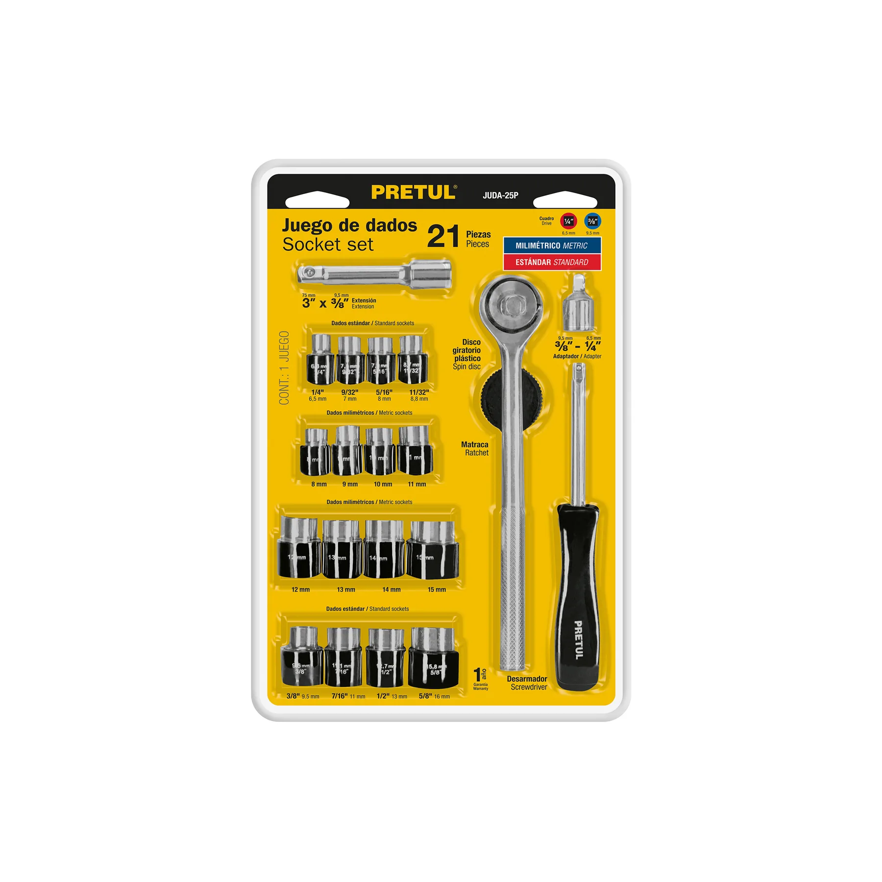 Juego de 21 herramientas 1/4" y 3/8" para mecánico, PRETUL
