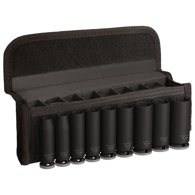 Juego de Dados de Impacto Bosch 3/8" Tipo Largo 9 Piezas en Acero Cromo-Molibdeno