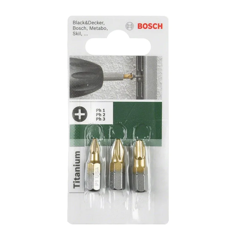 Juego de Puntas Phillips Bosch PH1, PH2 y PH3 de 25 mm Recubiertas de Titanio