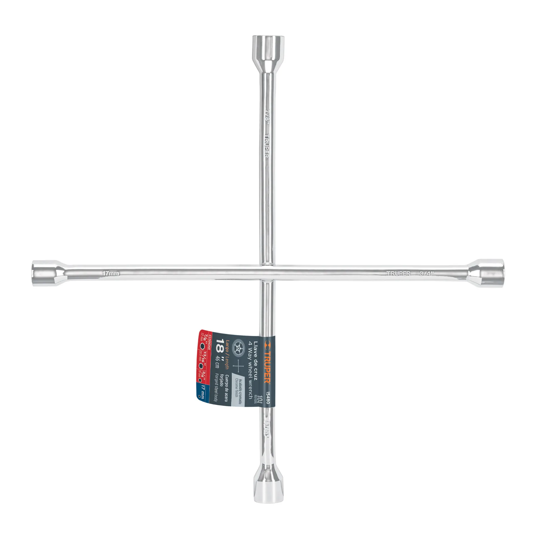 Llave de cruz 18" pulida y cromada, TRUPER