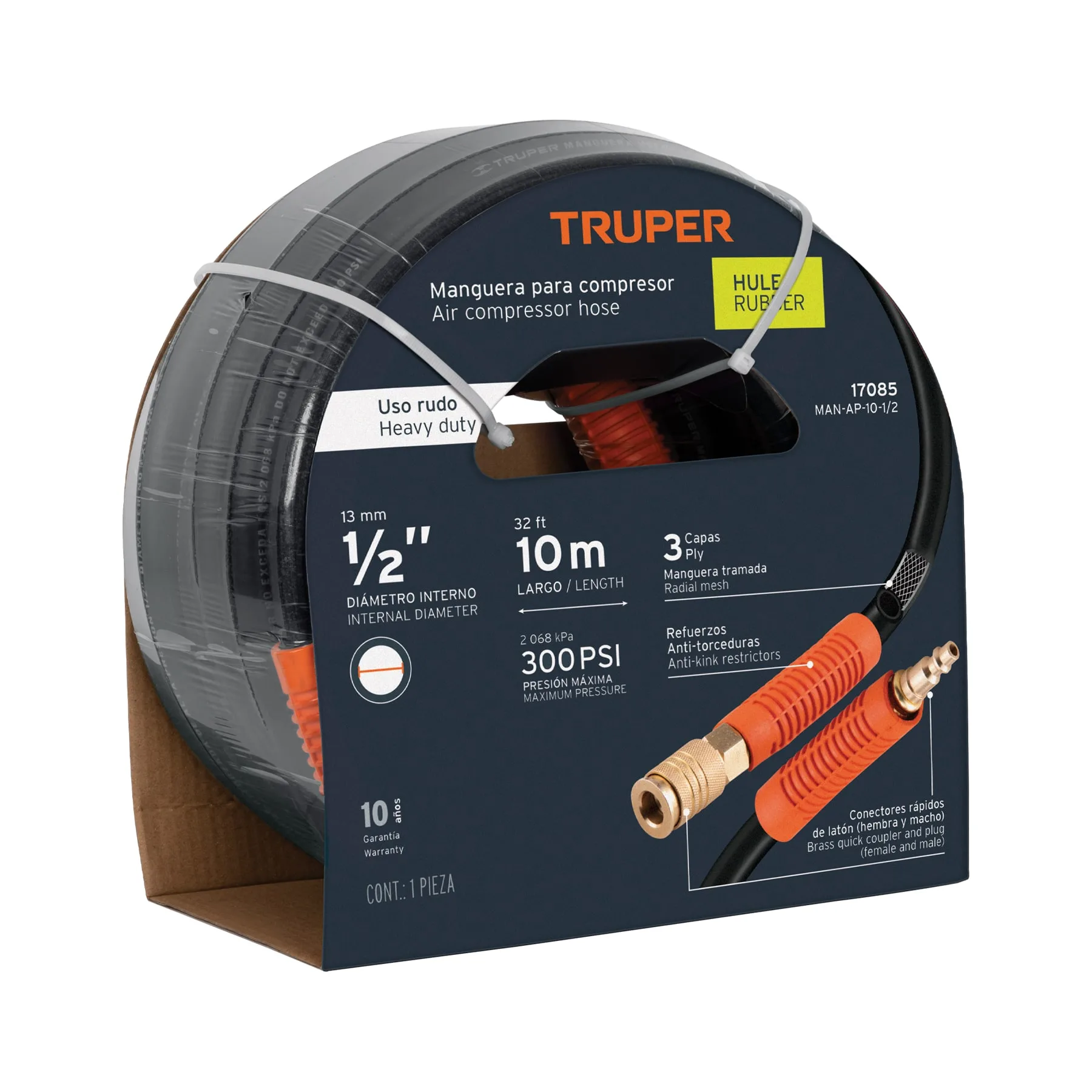 Manguera para compresor, de hule, 10m x 1/2", TRUPER