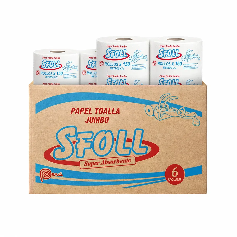 Papel toalla jumbo de 150 m SFOLL Super Absorbente caja x6 paquetes