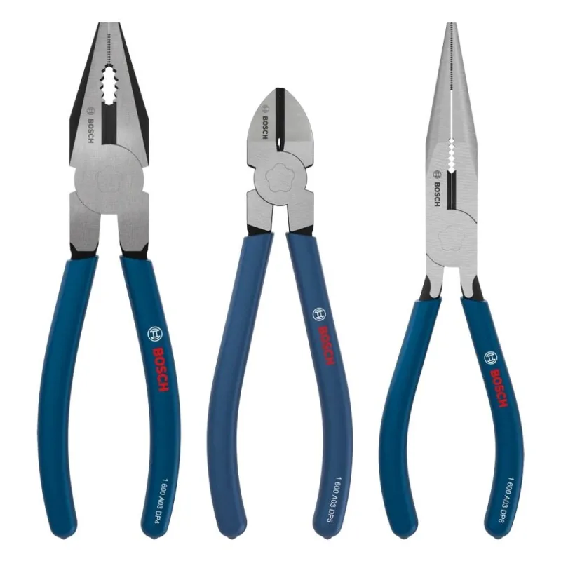 Set de Alicates Bosch 3 Piezas (Universal, Punta Larga y Corte)