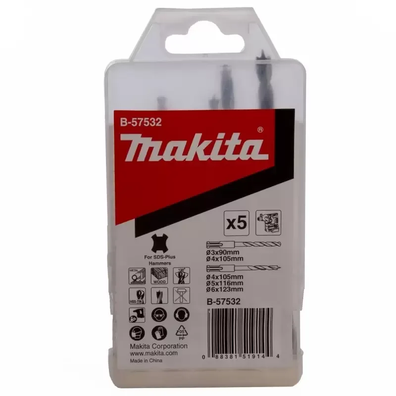 Set de Brocas Makita B-57532 SDS-Plus para Madera y Metal (5 piezas)