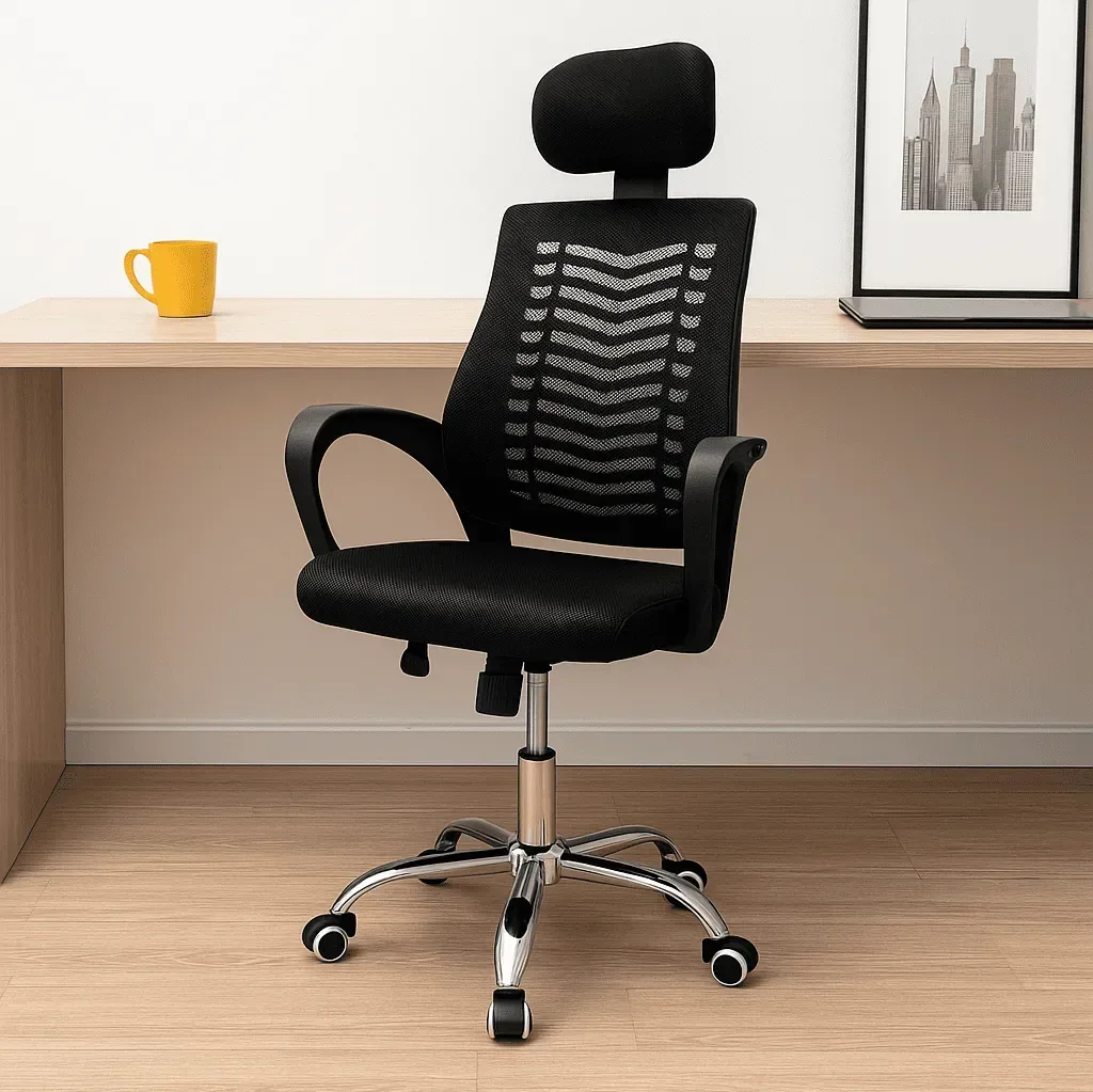 Silla ergonómica de malla negra con cabecero DSILLAS Oporto Pro